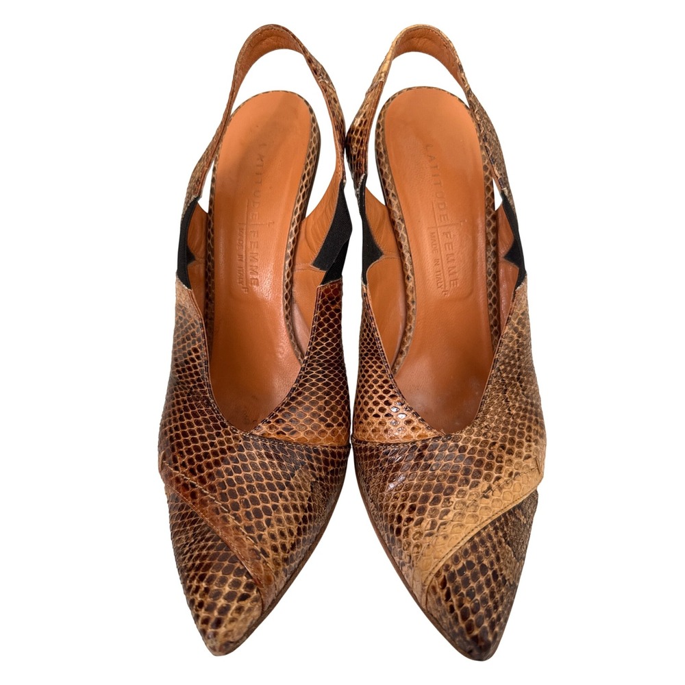 Latitude‎ Femme Snake  Leather Slingback Heels Made in Italy Pointed Toe 38.5